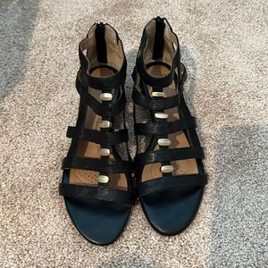 Sofft black wedge gladiator cage sandals with zip back closure, size 8.5